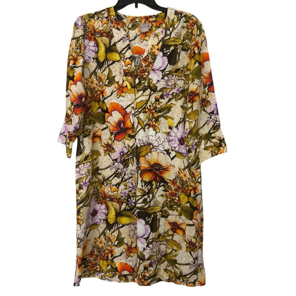 Chico’s 100% Linen Watercolor Floral Knee Length Shift Dress Size 1(8-10)